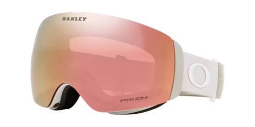 OAKLEY Flight Deck™ M滑雪風鏡白/淺色鏡框玫瑰金Prizm鏡片正面視圖，鏡片上緣印有OAKLEY字樣，鏡框側邊標示PRIZM品牌標誌