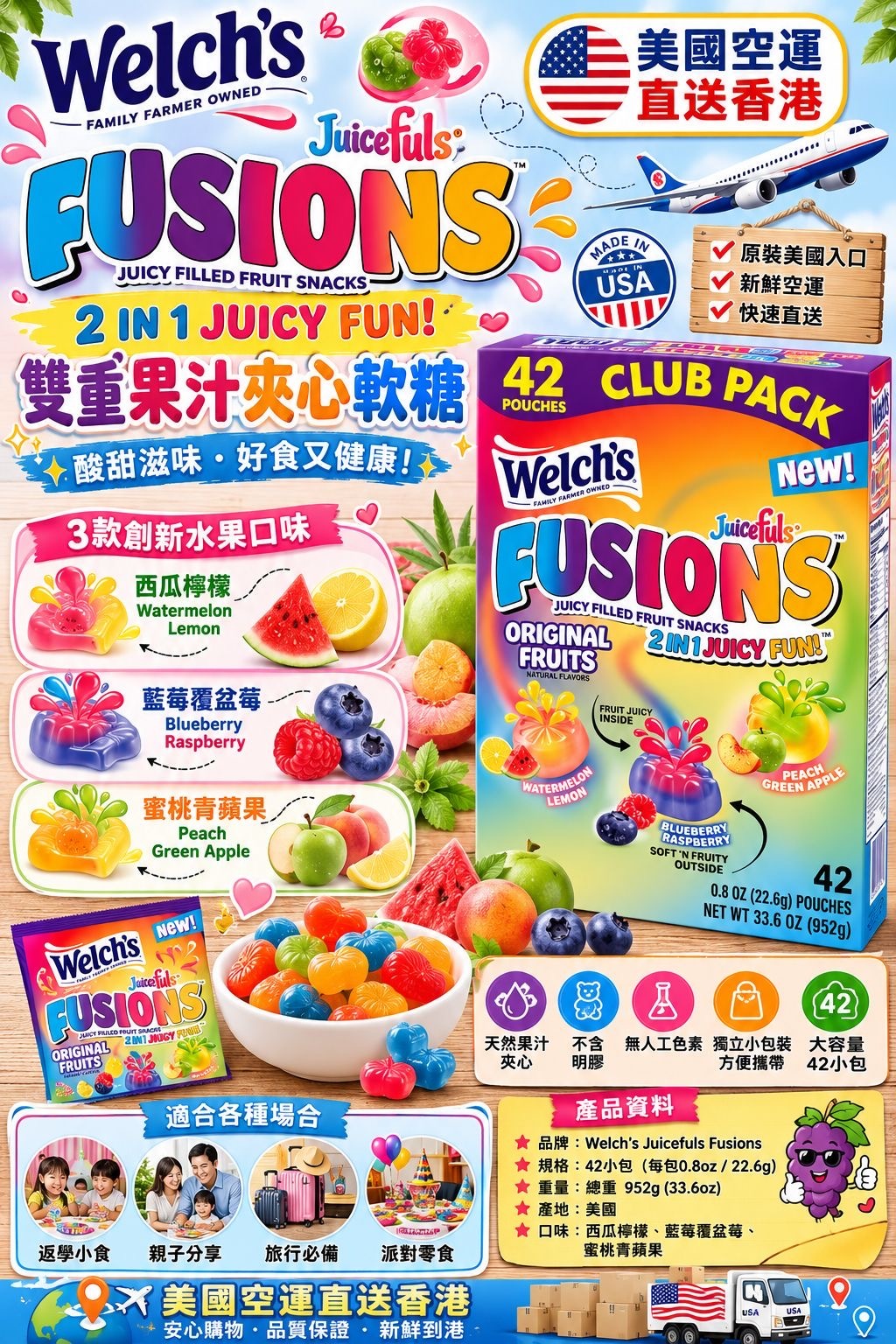 美國 Welch’s Juicefuls Fusions 雙重果汁夾心軟糖 (1盒42包) -2600672-260905