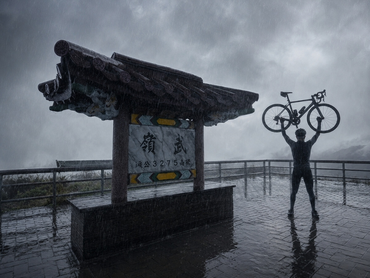 陰雨天，單車騎士完賽登頂合歡山武嶺牌樓舉車