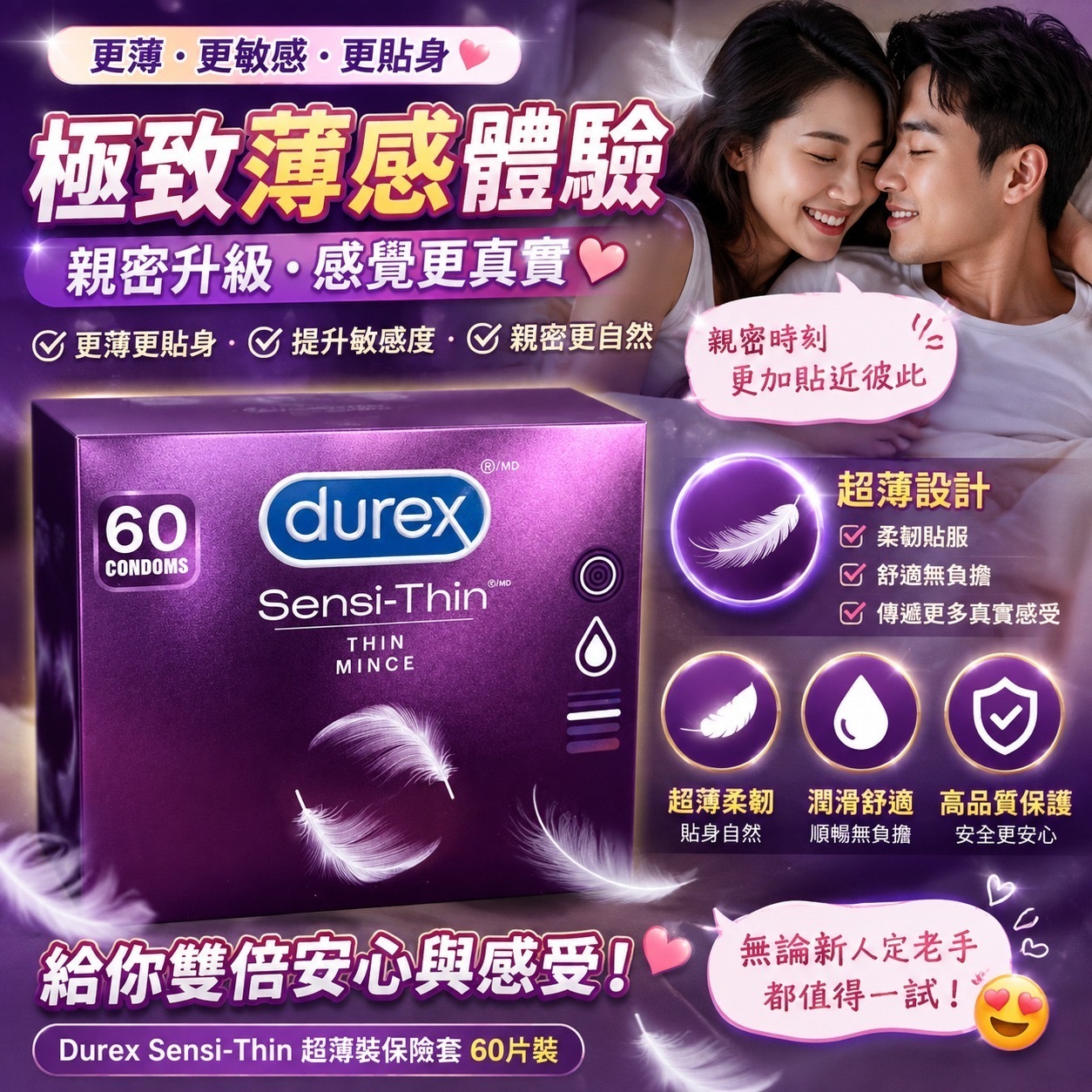 杜蕾斯 Durex Sensi-Thin 超薄潤滑安全套 (1盒60個) -2600676-260905