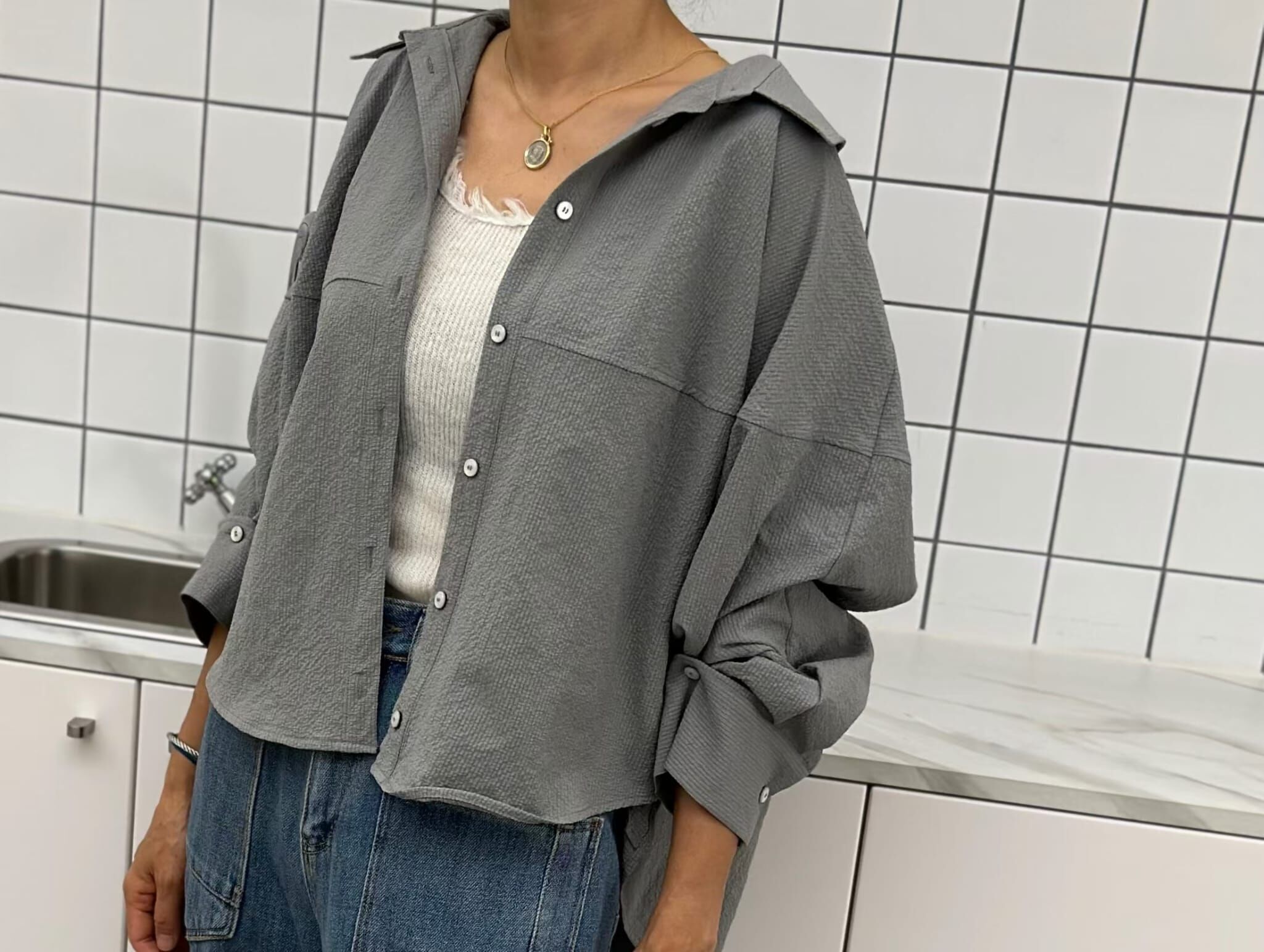 LA7111 肌理感前胸拼接襯衫