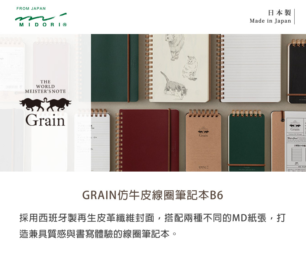 日本MIDORI ．Grain仿牛皮線圈筆記本 B6變形 2色