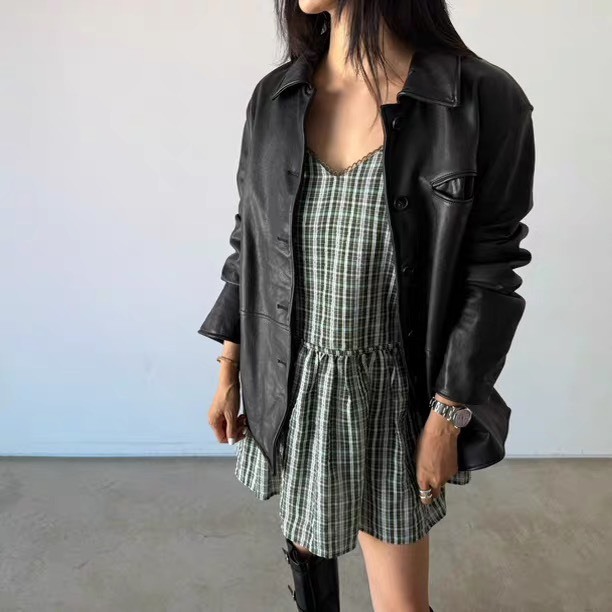 吊帶格紋短洋裝