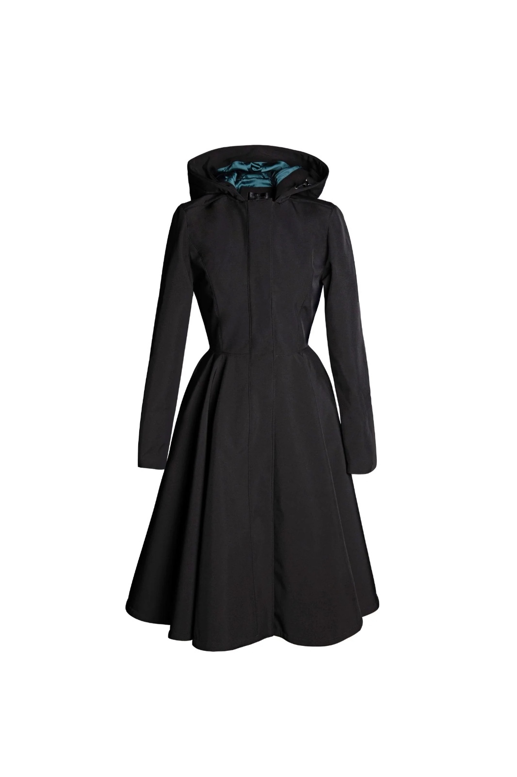 1RS0905-037 [RAINSISTERS] Mid-season Fit And Flare Coat With Full-Circle Skirt In Black and Emerald Green Deep Emerald #S-DEEM (EU)