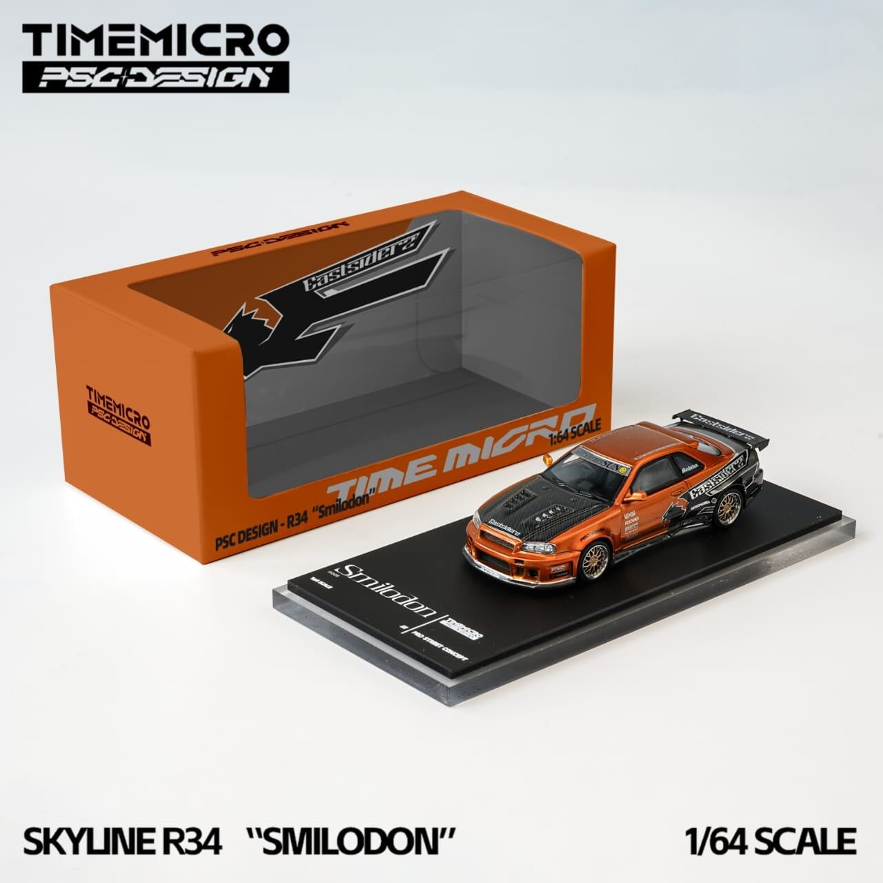 預訂:1/64 Time Micro Nissan Skyline GT-R R34 Smilodon Eastsiderz Orange (TM648404 )