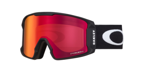 OAKLEY Line Miner™ L滑雪風鏡霧黑框正面圖，搭配Prizm Snow Torch Iridium紅橙鏡片與經典O Logo頭帶，展示低框圓筒型鏡片設計