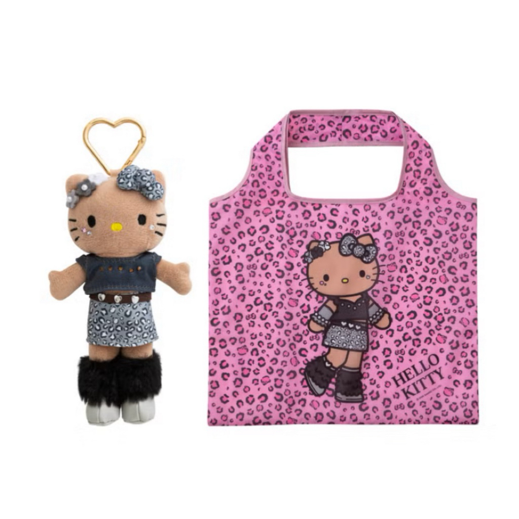 Sanrio Hello Kitty Pink Tote Bag with 15cm Plush Keychain (Grey Leopard Dress) (Taiwan Exclusive)