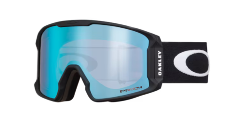 OAKLEY Line Miner™ L滑雪風鏡霧黑框正面圖,搭配Prizm Snow Sapphire Iridium藍紫鏡片與經典O Logo頭帶,展示低框圓柱型設計