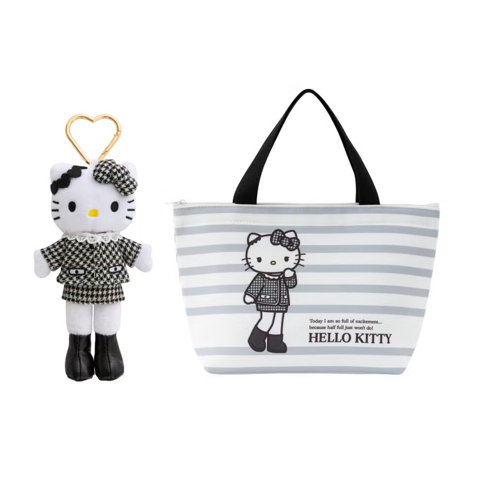 Sanrio Hello Kitty Lunch Bag with 15cm Plush Keychain (White Houndstooth Dress) (Taiwan Exclusive)