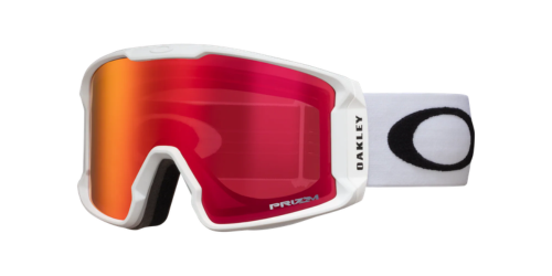 OAKLEY Line Miner™ L滑雪風鏡霧白框正面圖，搭配Prizm Snow Torch Iridium橙紅鏡片與經典O Logo頭帶，展示低框圓柱型設計