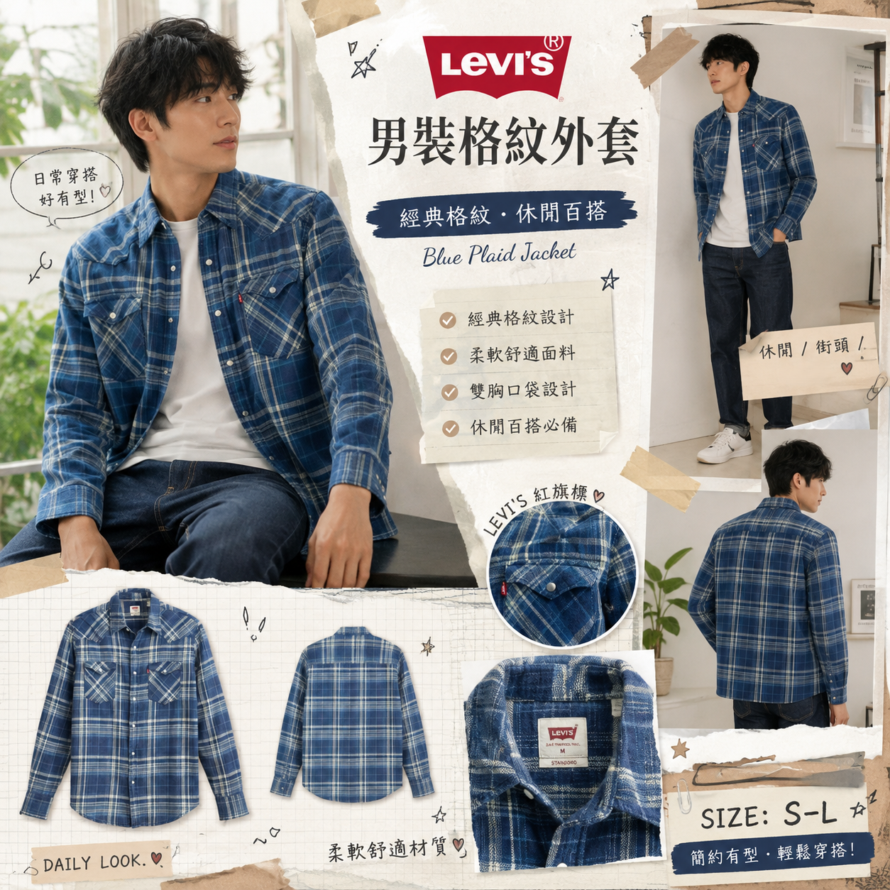 【預購】LEVIS N090457 男裝格紋外套 (藍色)