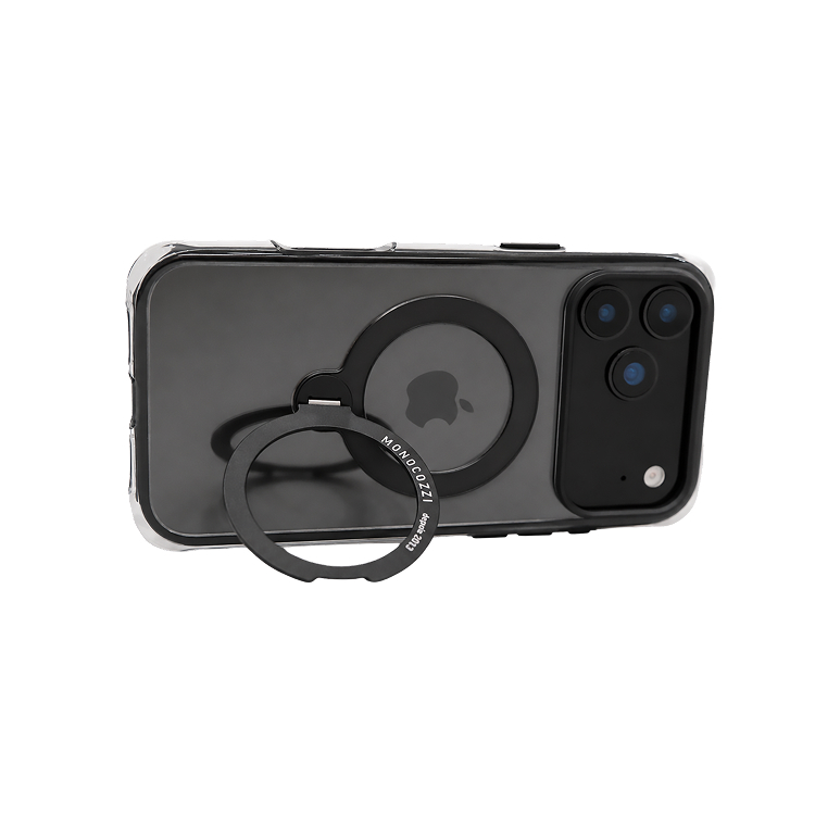 ESSENTIALS+｜iPhone 18 Magnetic Charging Compatible Shockproof Airbag Hybrid Case w/ rotatable ring - Transparent Black