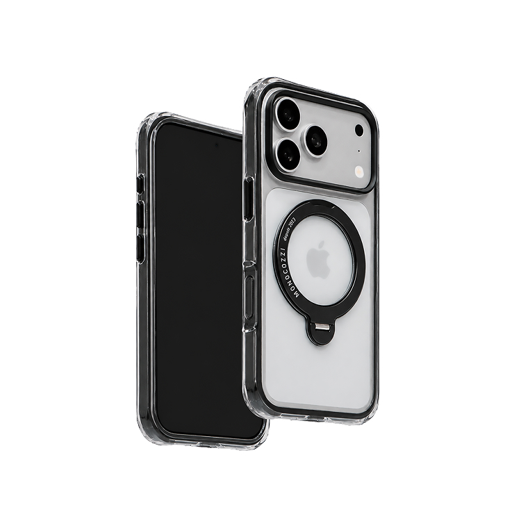 ESSENTIALS+｜iPhone 18 Magnetic Charging Compatible Shockproof Airbag Hybrid Case w/ rotatable ring - Transparent Black