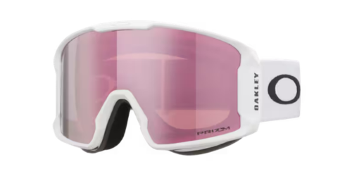 OAKLEY Line Miner™ L滑雪風鏡霧白框正面圖，搭配Prizm Rose Gold Iridium玫瑰金鏡片與經典O Logo頭帶，展示低框圓柱型設計