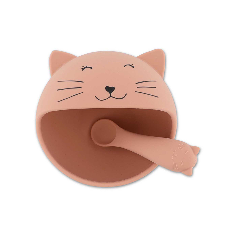 trixie 動物造型寶寶矽膠碗匙組-甜笑貓咪
