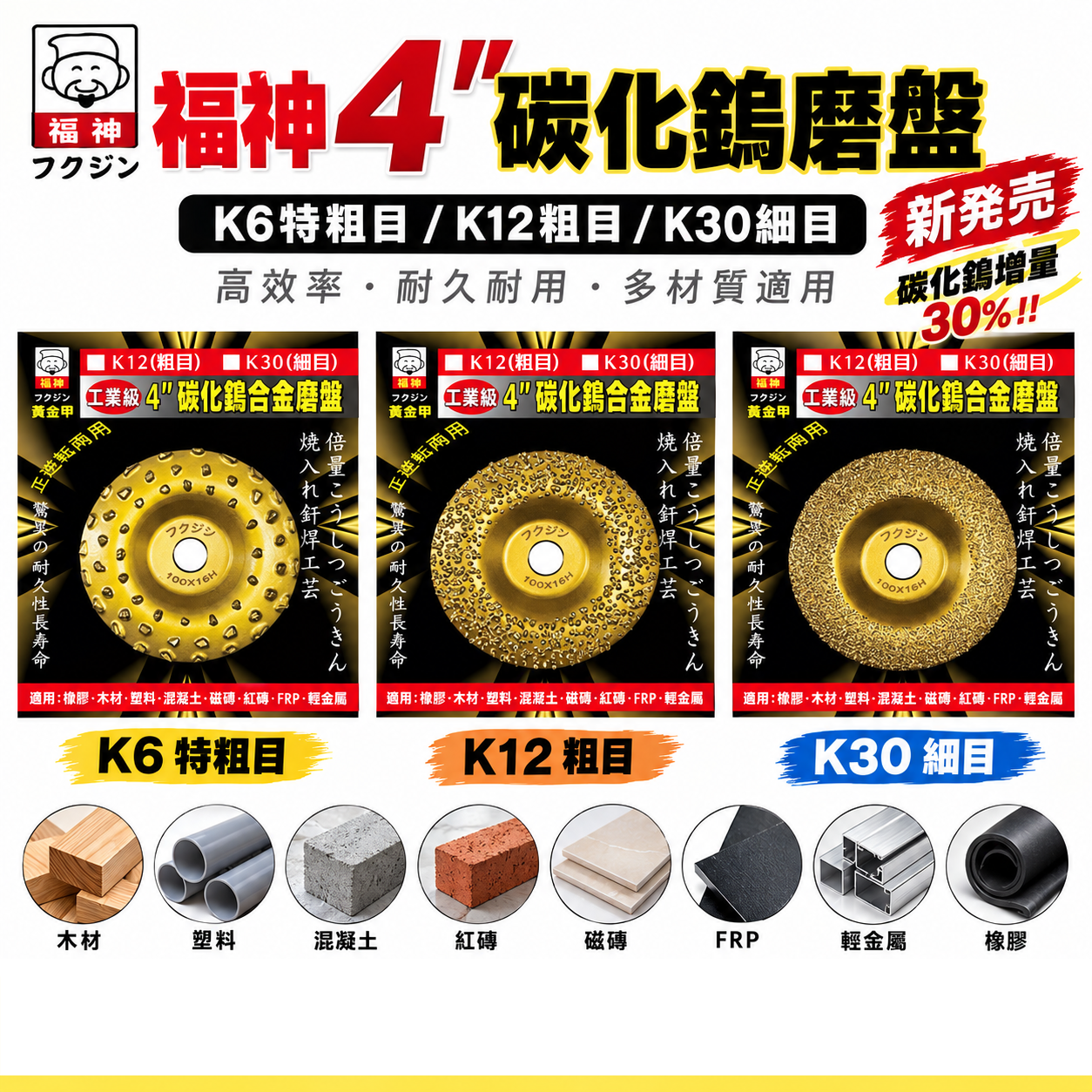 日本 福神｜4吋 碳化鎢磨盤｜4"研磨盤 木材塑料混凝土磁磚FRP輕金屬用｜100mmx16H｜快速研磨｜耐磨｜乾濕皆可