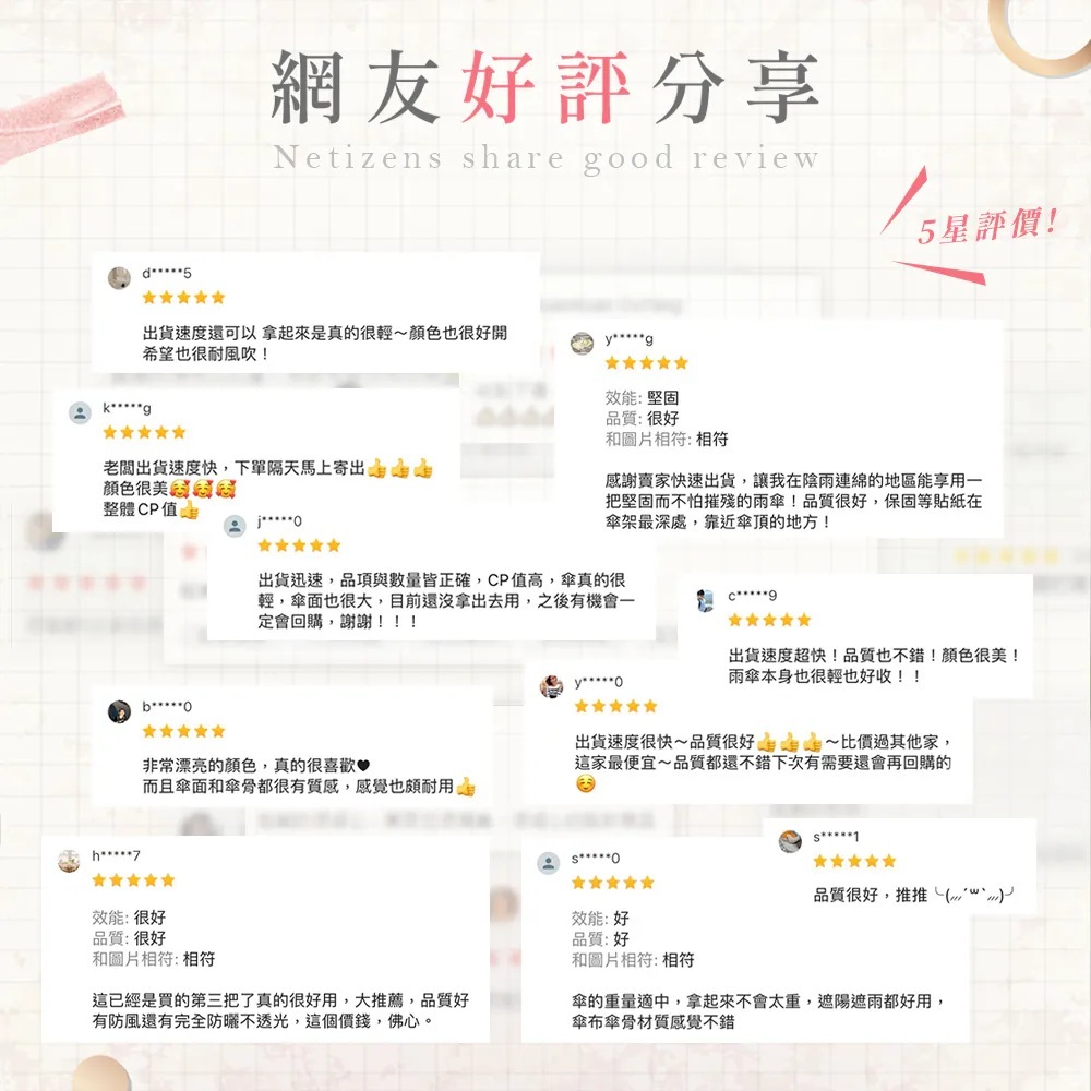 防曬輕鋁威風折傘與大顯威風長直傘網友五星評價整理,回饋重點包含輕巧、傘面大、抗風與配色美觀