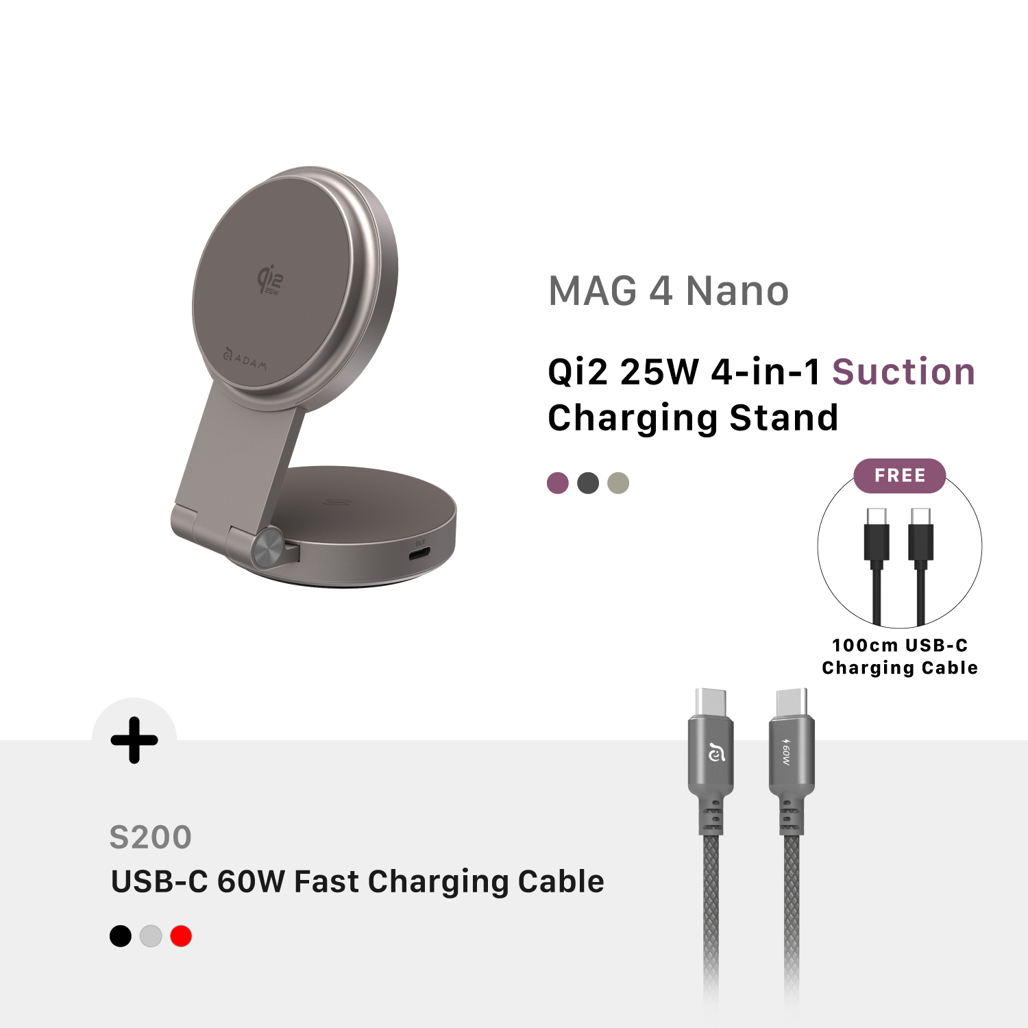 [PRE-ORDER] MAG 4 Nano Qi2 25W 4-in-1 Suction Charging Stand + S200 USB-C to USB-C 60W Braided Charging Cable (200CM)