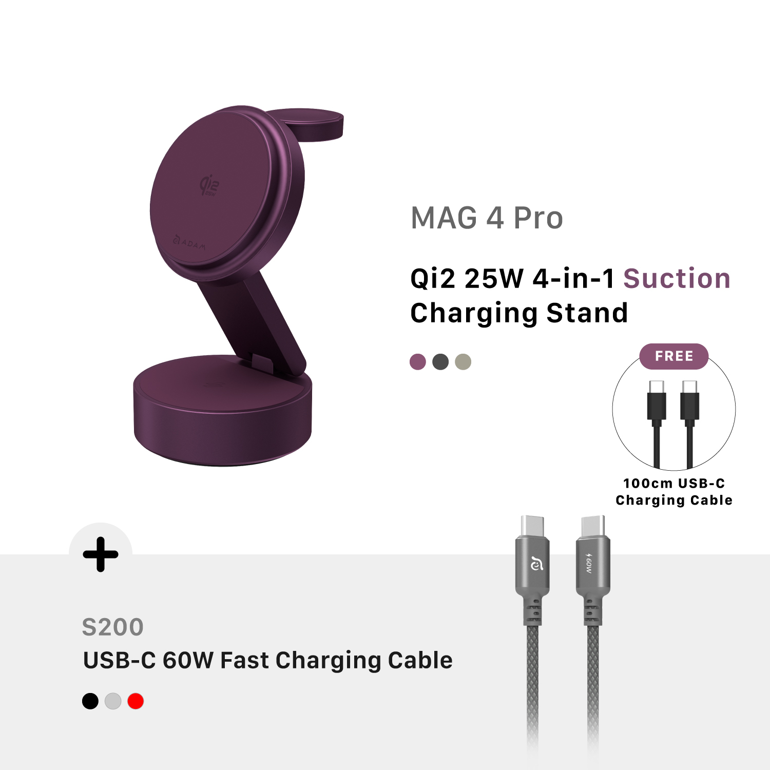 [PRE-ORDER] MAG 4 Pro Qi2 25W 4-in-1 Suction Charging Station +  S200 USB-C to USB-C 60W Braided Charging Cable (200CM)