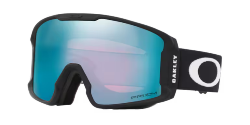 OAKLEY Line Miner™ M滑雪風鏡霧黑框正面圖，搭配Prizm Snow Sapphire Iridium藍紫鏡片與經典O Logo頭帶，展示低框圓柱型設計