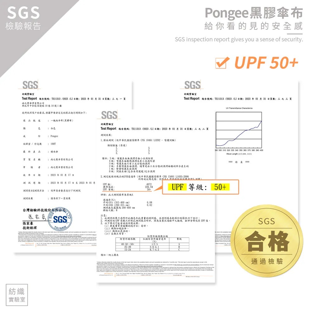 SGS檢驗報告。Pongee黑膠傘布UPF50+
