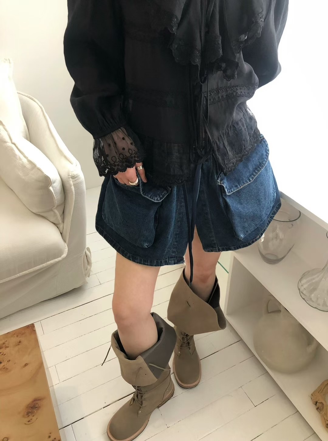 牛仔鬆緊大口袋褲裙