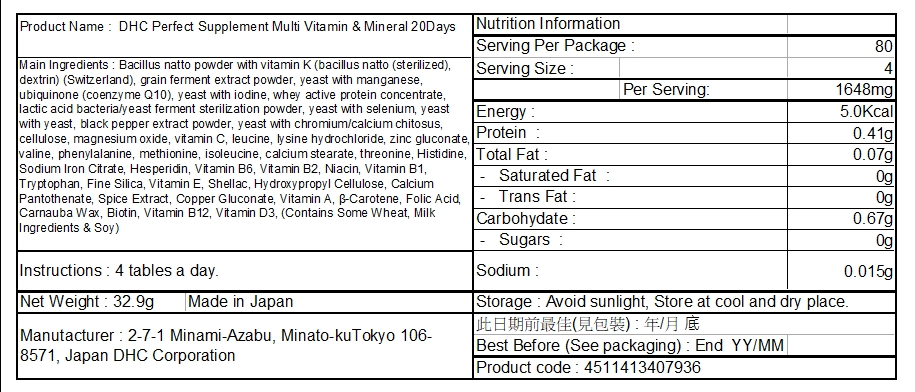 DHC - Perfect Supplement 多元維他命礦物質 Multi Vitamin & Mineral 80粒 維他命B