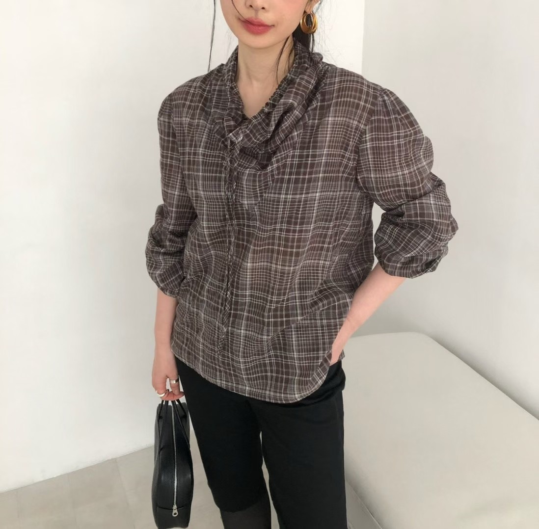 抽繩領立領格子襯衫