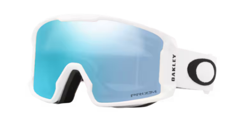 OAKLEY滑雪風鏡霧白框正面圖，搭配Prizm Snow藍色系鏡片與經典O Logo頭帶