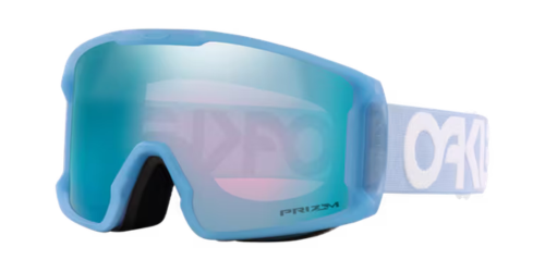 OAKLEY Line Miner™ M滑雪風鏡霧面藏青印花框正面圖，搭配Prizm Snow Sapphire Iridium藍綠鏡片與重複O Logo印花設計，展示低框圓柱型設計