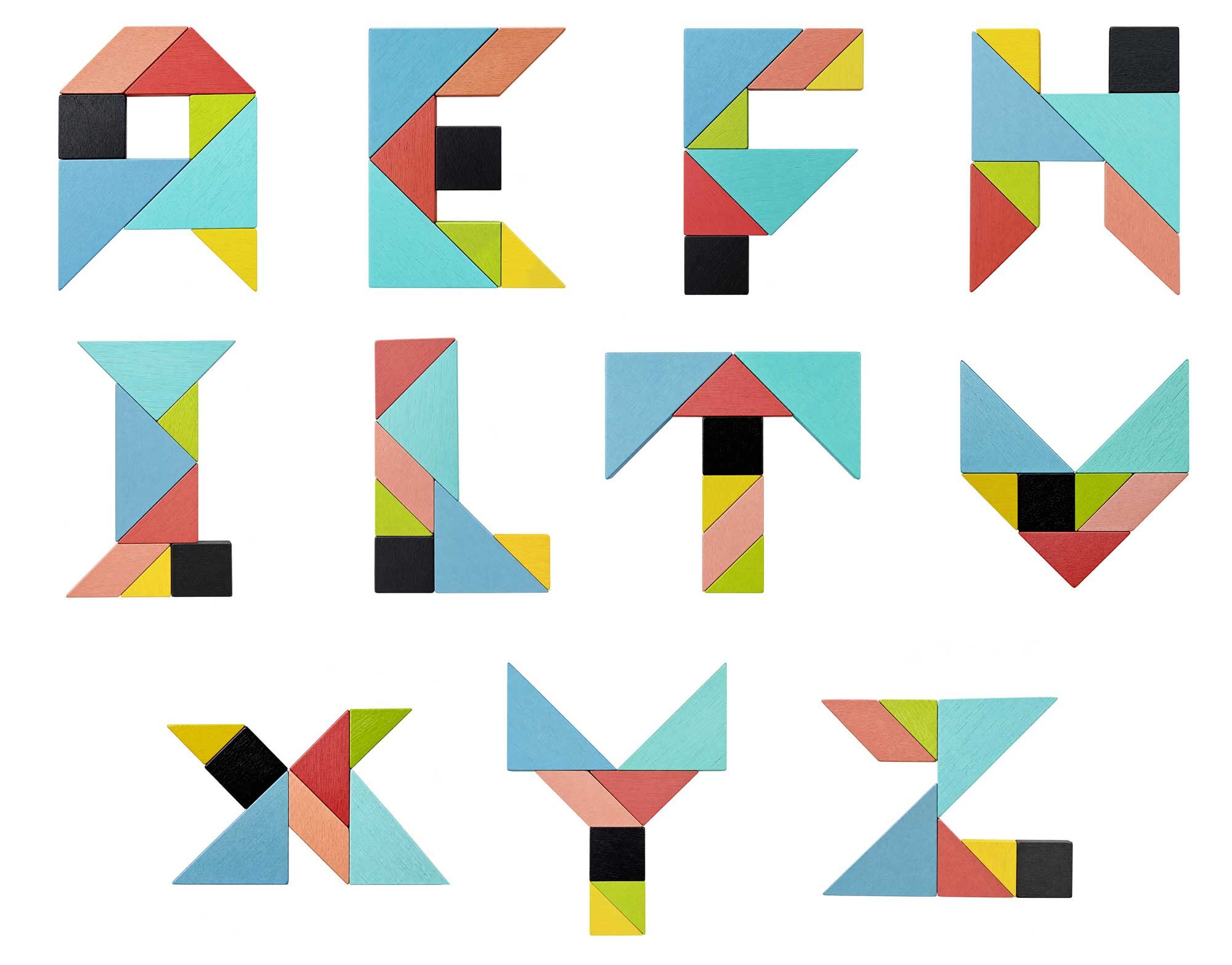 七巧板英文字母，可以先：A、E、F、H、I、L、T、V、X、Y、Z