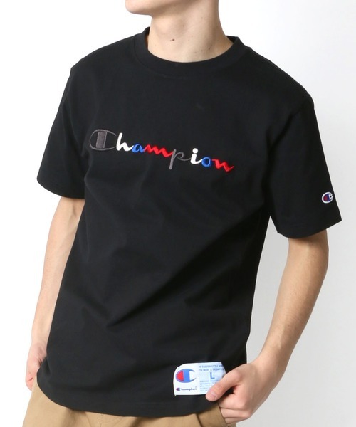 Champion 彩色刺繡 草寫LOGO 短袖T恤 黑色 #現貨