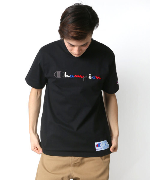 Champion 彩色刺繡 草寫LOGO 短袖T恤 黑色 #現貨