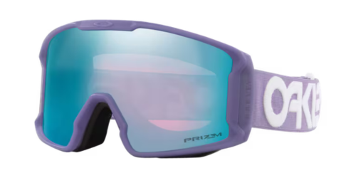 OAKLEY Line Miner™ M滑雪風鏡丁香紫印花框正面圖，搭配Prizm Snow Sapphire Iridium藍寶石鏡片與O Logo印花頭帶，展示低框圓柱型設計
