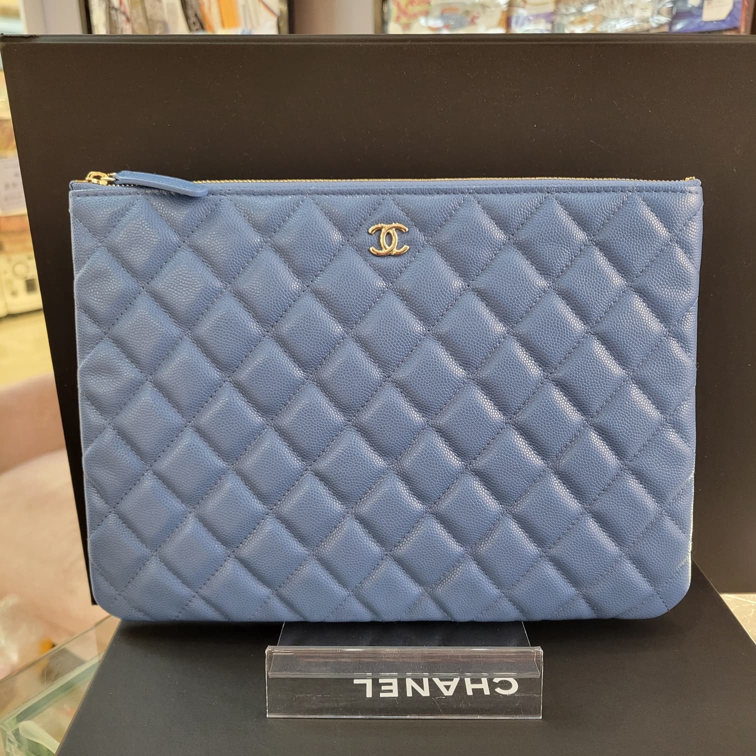 UNUSED CHANEL CLASSIC ZIPPED POUCH MEDIUM LIGHT BLUE