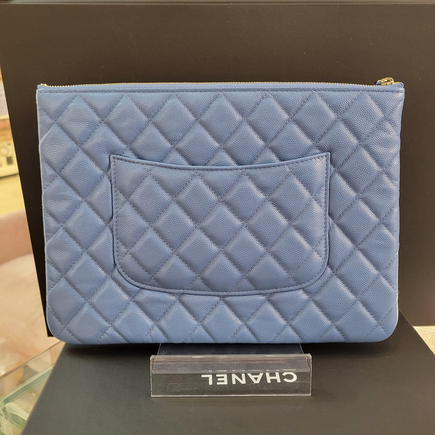 UNUSED CHANEL CLASSIC ZIPPED POUCH MEDIUM LIGHT BLUE
