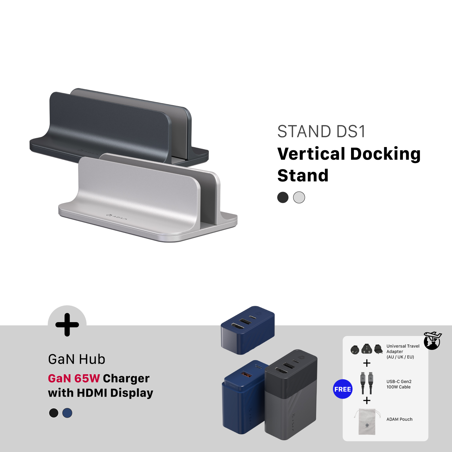 STAND DS1 Vertical Docking Stand + GaN Hub 65W GaN Charger with HDMI Display