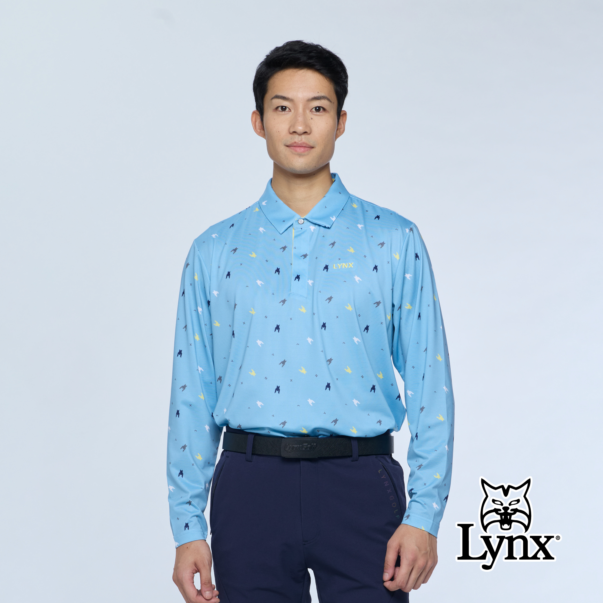 【Lynx Golf】男款吸濕排汗滿版點狀印花長袖POLO衫