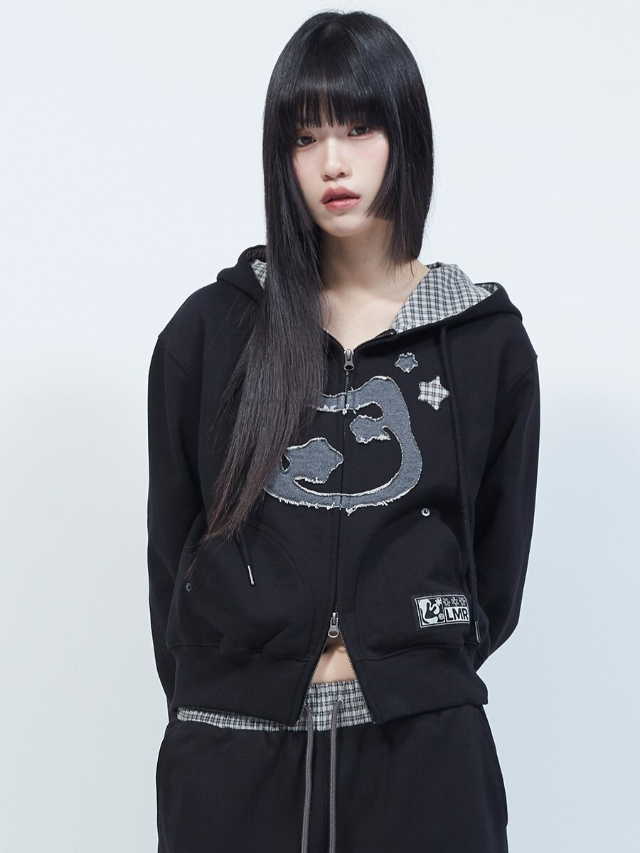 LMR 貓咪圖案拼接短拉鍊連帽衫 Cat Symbol Patchwork Cropped Hooded Zip-Up