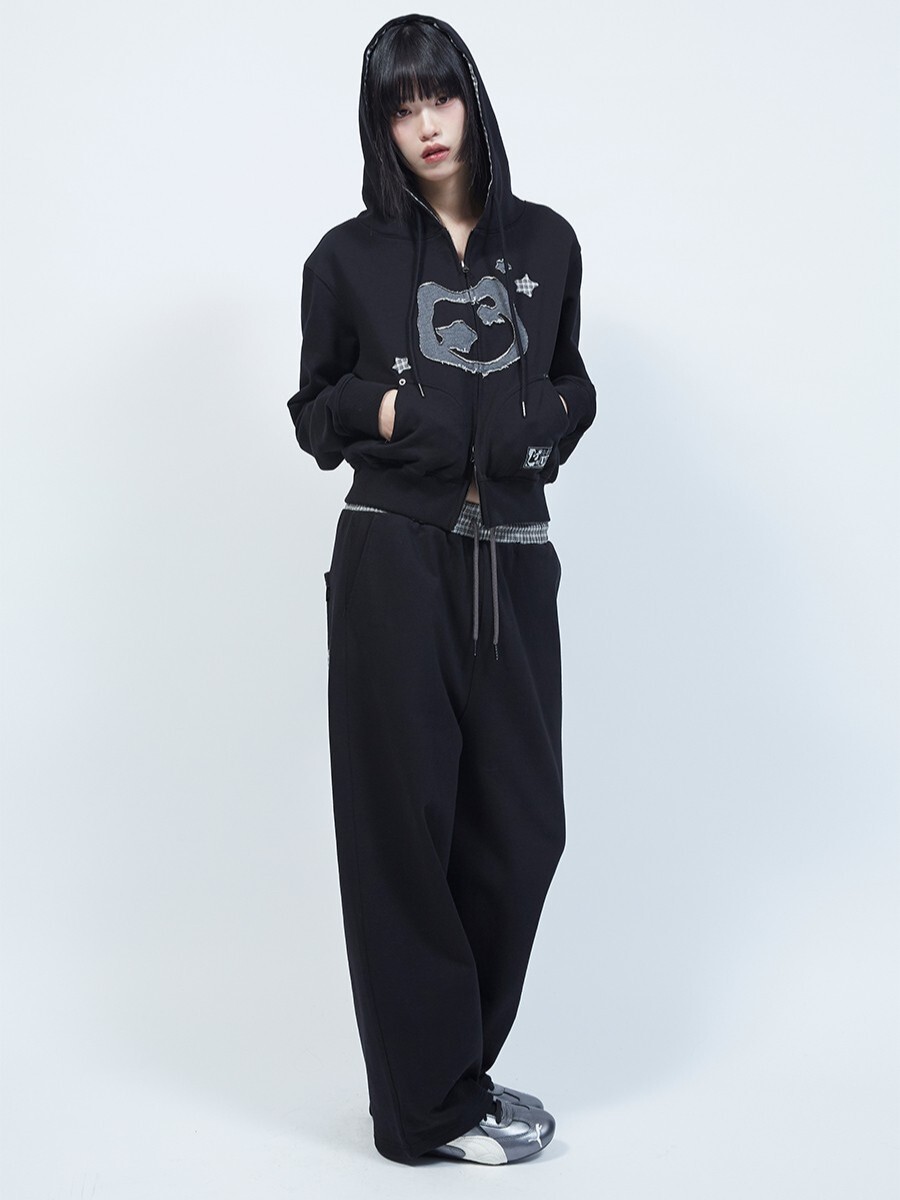 LMR 貓咪圖案拼接短拉鍊連帽衫 Cat Symbol Patchwork Cropped Hooded Zip-Up