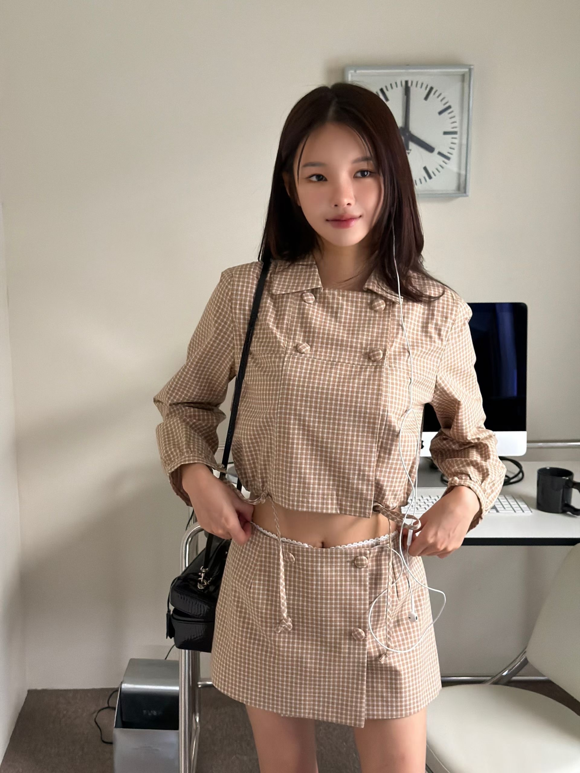 格子短版抽繩夾克  短褲裙(分售)