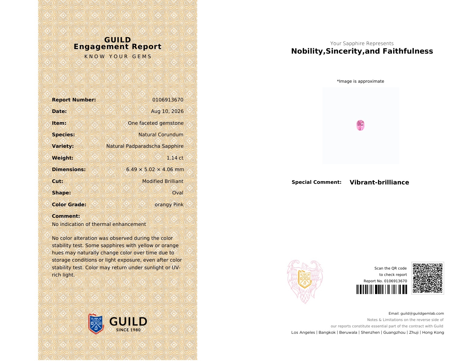 1.14ct 天然無燒帕帕拉恰藍寶石裸石 (配Guild寶石證書)