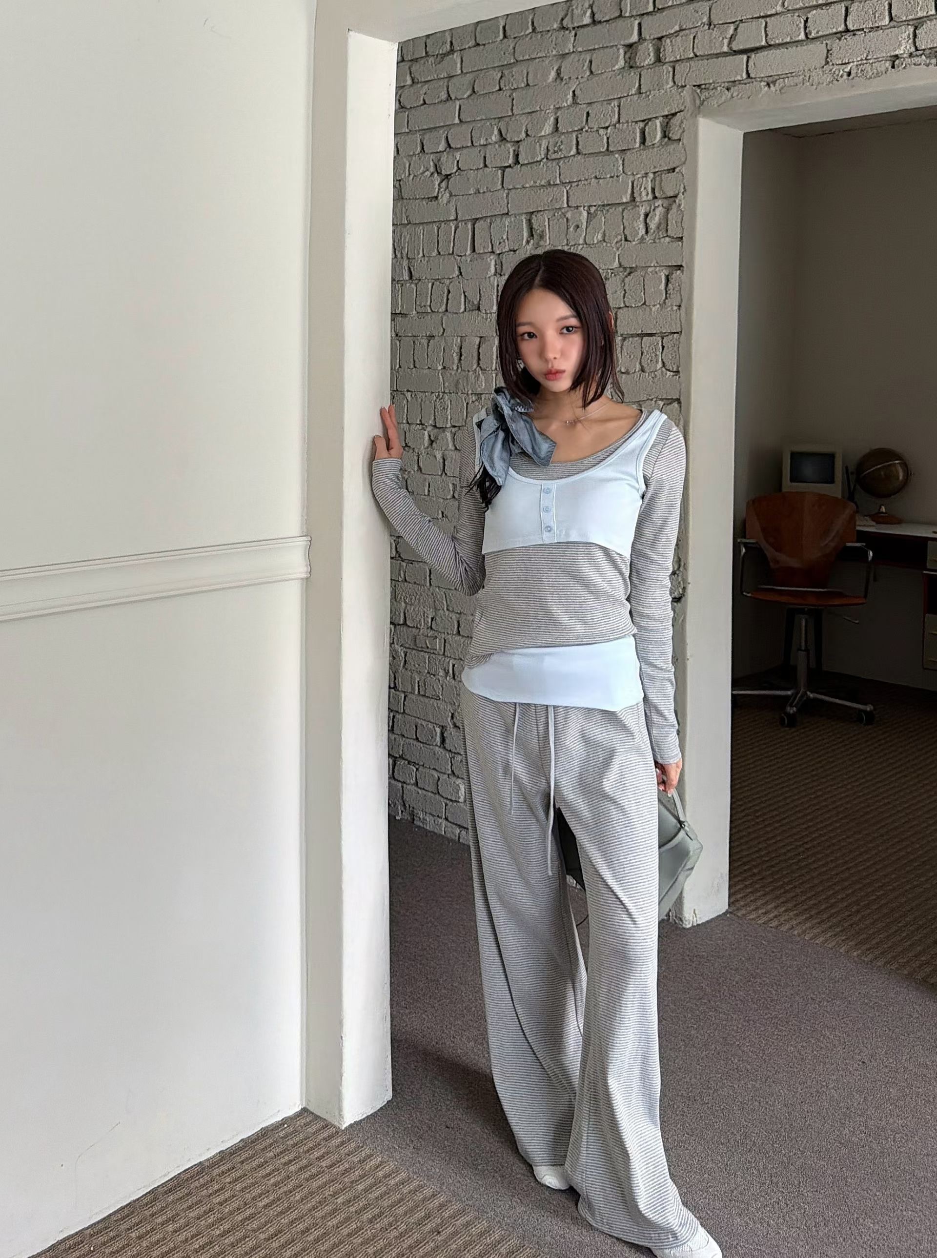 條紋假兩件上衣  長褲(分售)