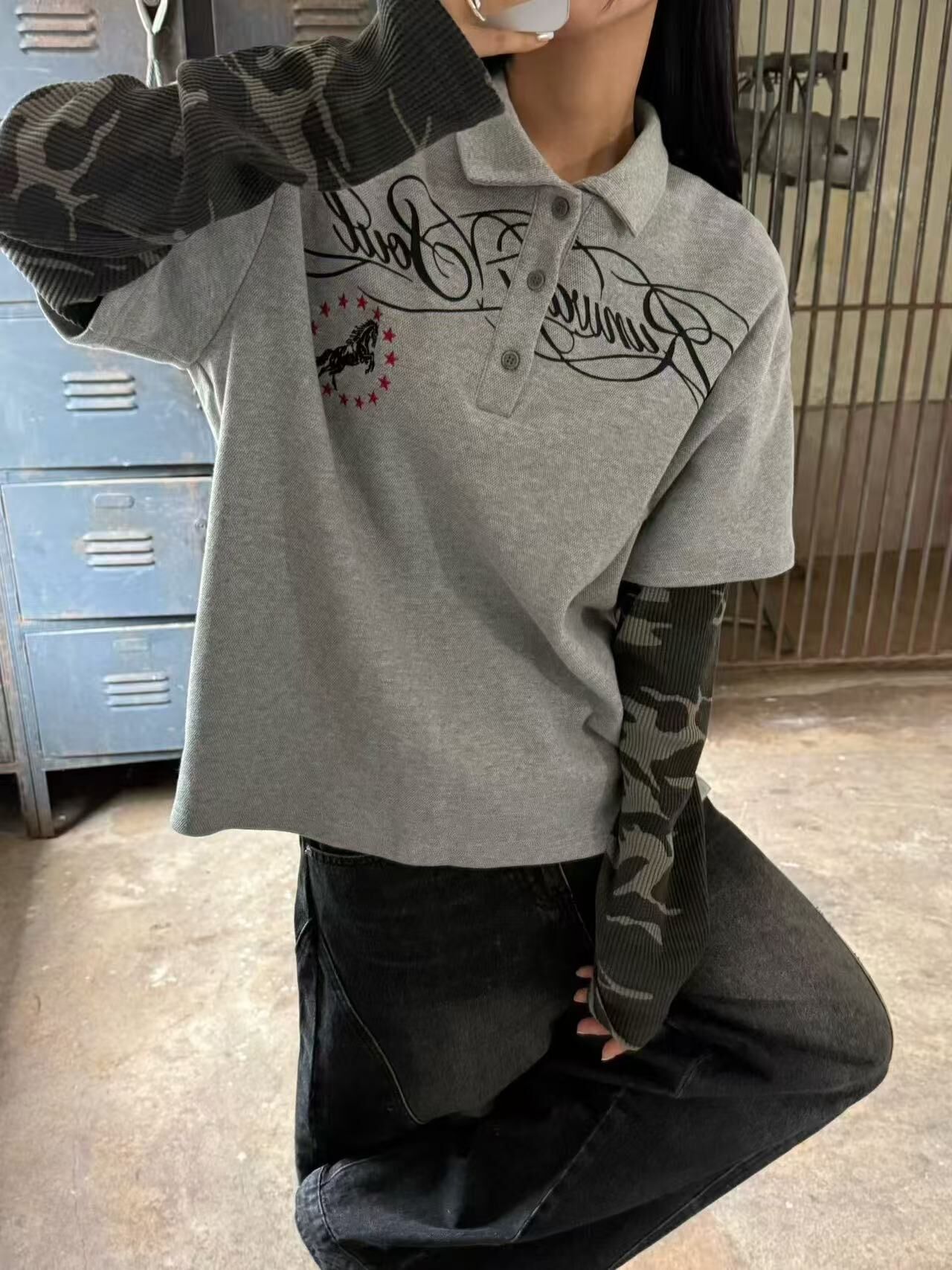 《K》拼接迷彩長袖Polo衫