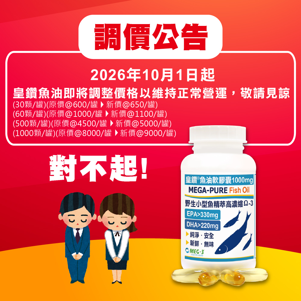 魚油優惠推薦 1100mg頂級加拿大MEG-3®「皇鑽®」魚油(特濃70%Omega-3)EPA+DHA軟膠囊 2026年10月1日起漲價公告