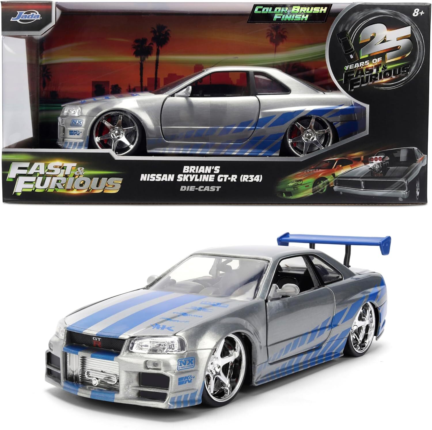 玩命關頭1:24合金車25周年紀念款 日產 NISSAN GT-R R34 銀色拉絲塗裝  JD36818
