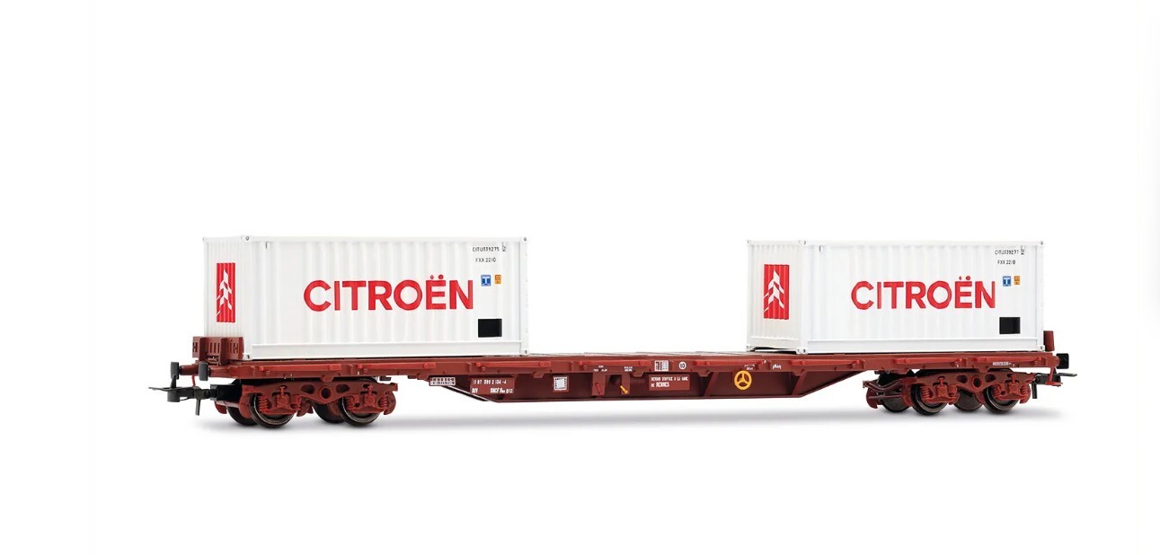 Jouef HJ6310 HO scale SNCF, 4-axle stake wagon, Rs type with 2 x 20' container "Citroën", in white livery, ep. IV