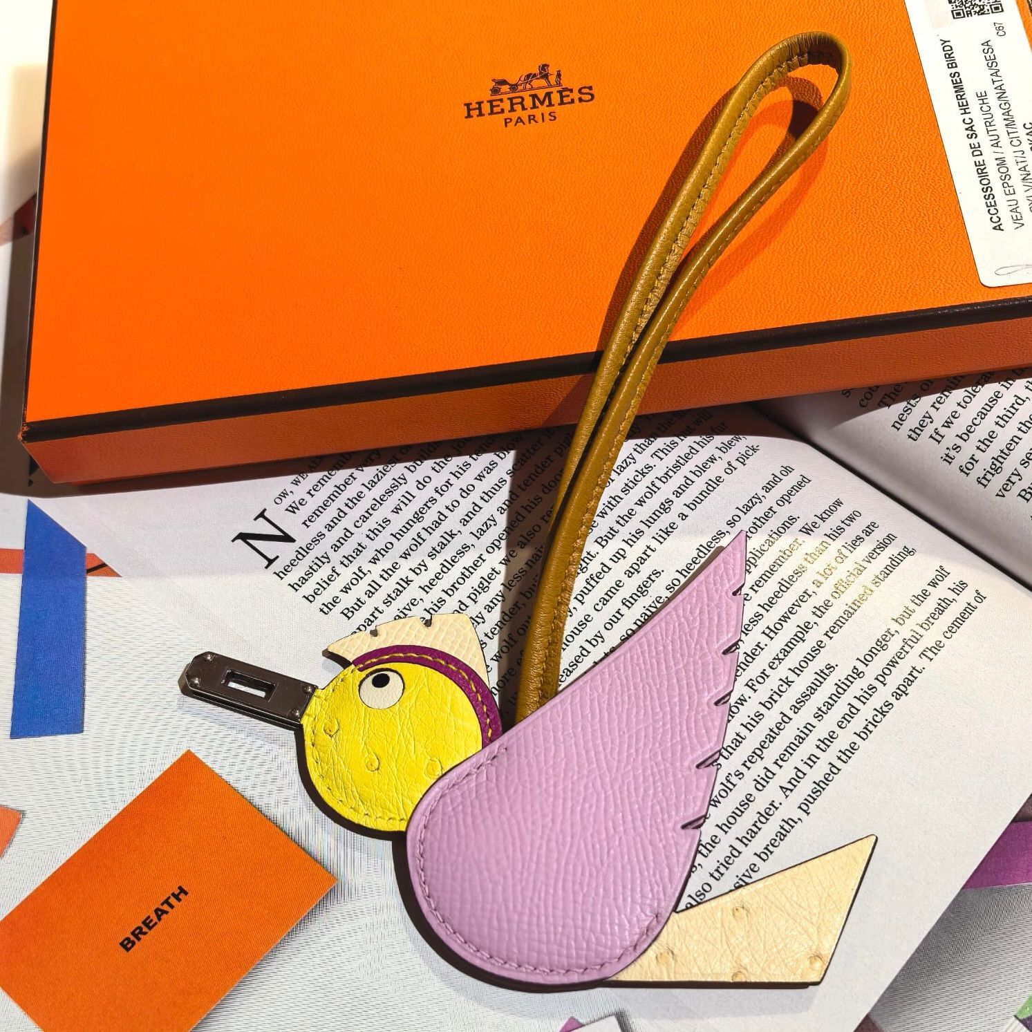 全新HERMES Birdy 小鳥掛件 粉色Epsom拼黃色/米色鴕鳥皮 愛馬仕手袋吊飾, #BRAND NEW #香榭站正品