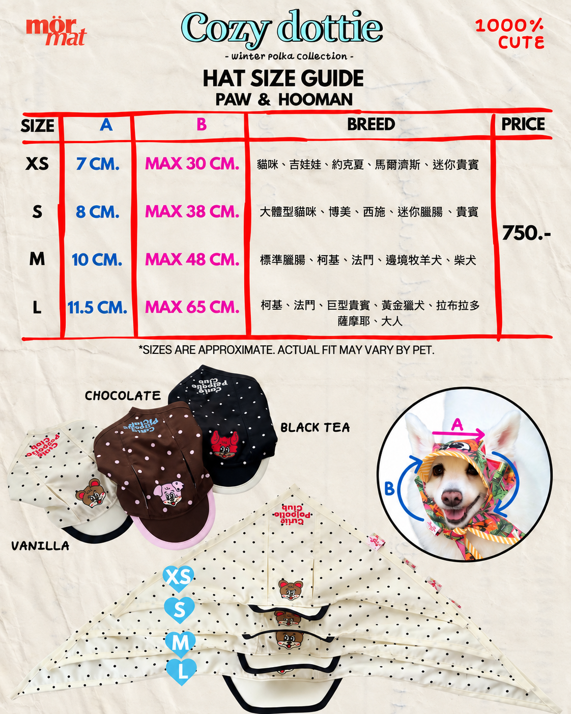 Cozy Dottie 寵物帽尺寸表
