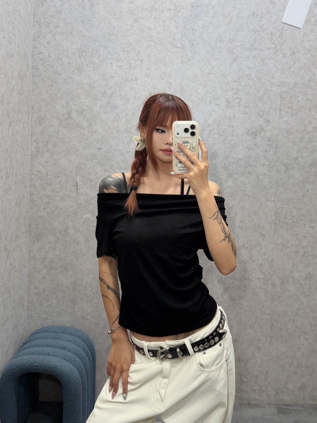 KOREAN LAYERED HALTER-STRAP COWL-NECK RUCHED T-SHIRT